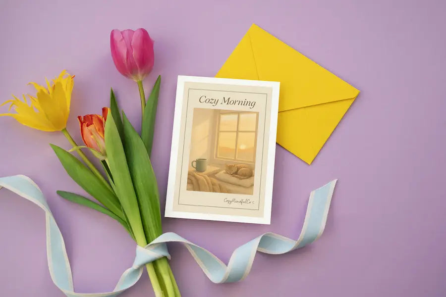Bouquet of tulips with a card that says Cozy Morning, sun shinning, cup of tea or coffee on the table to the left and cat sleeping infront of the window.Printable Greeting Cardand envelope on a purple background