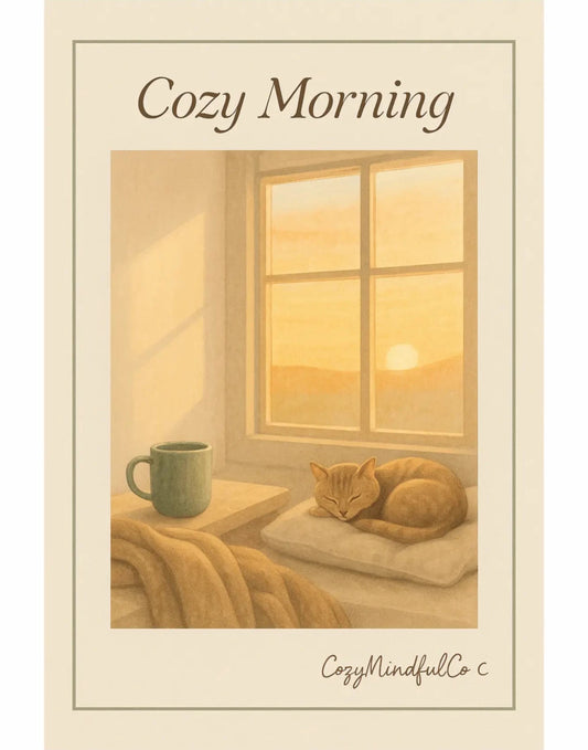 Illustration of a cozy morning scene with a cat and mug by a window, featuring 'Cozy Morning' text.