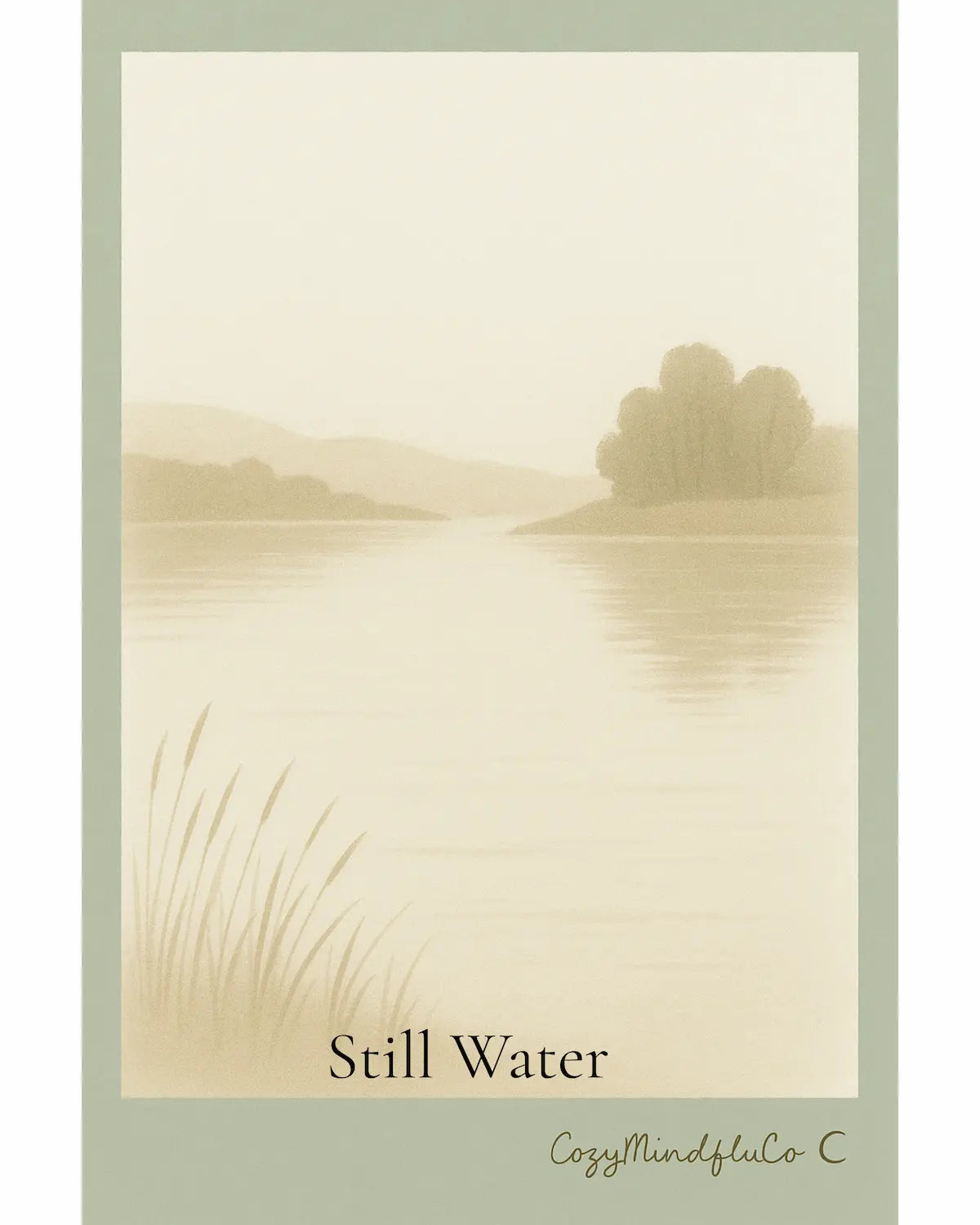 Poster of a serene landscape with a tree and water, labeled 'Still Water' by CozyMindfulCo.