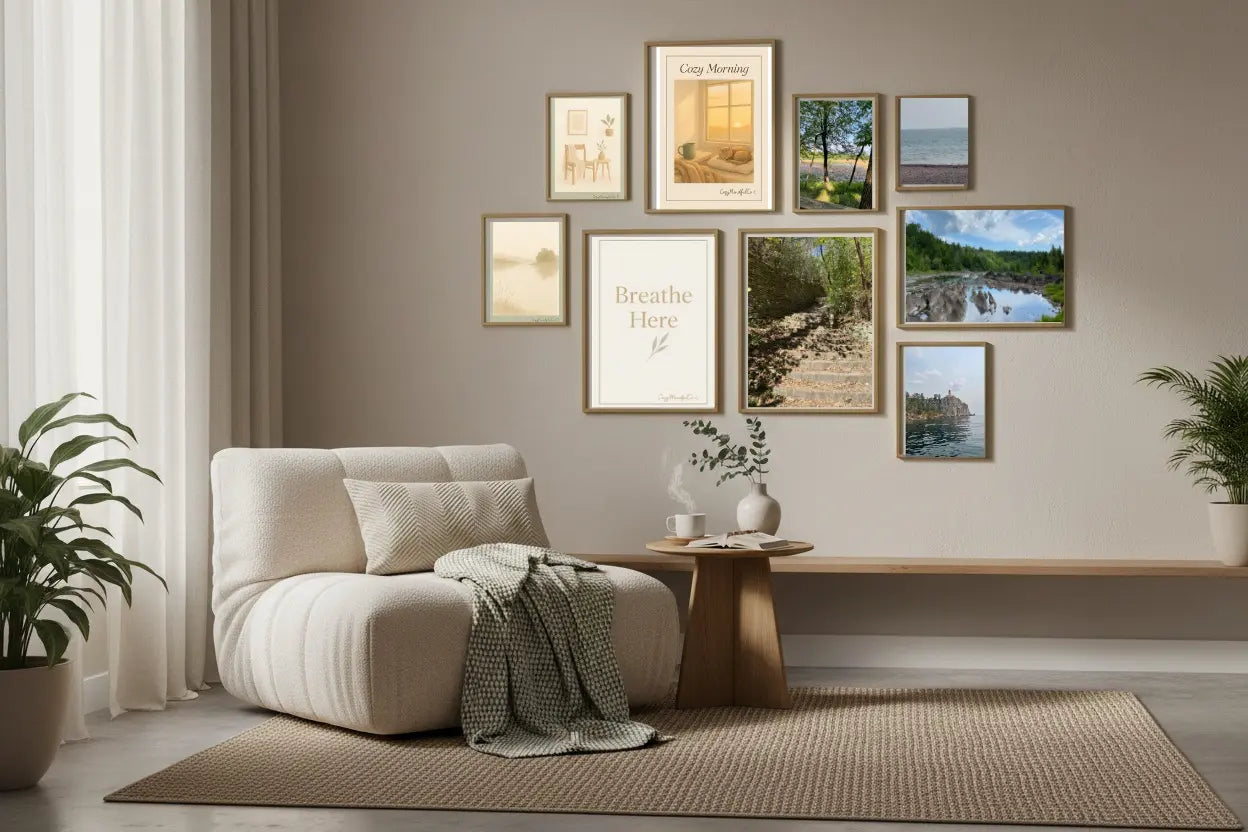 Living room with a beige armchair, decorative pillows, and wall art.