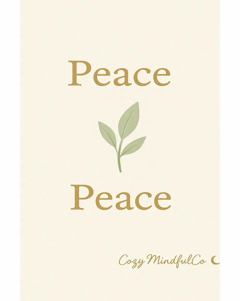 Beige background with 'Peace' text and a leaf illustration, featuring Cozy MindfulCo branding.