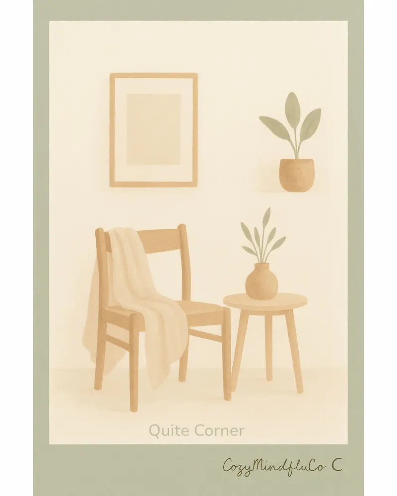 Nostalgic interior scene with a chair, table, and plants on a beige background.