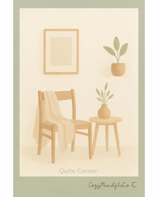 Nostalgic interior scene with a chair, table, and plants on a beige background.